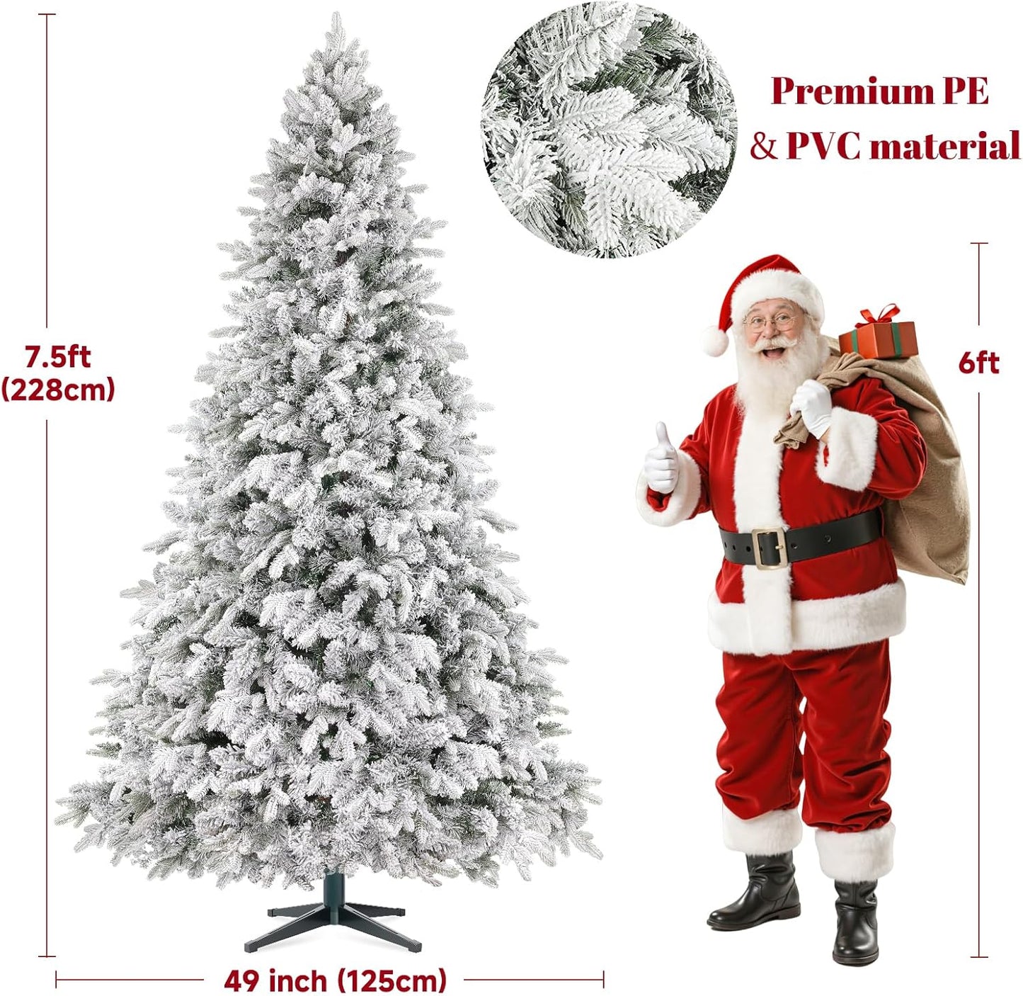 7.5FT Snow Flocked Pre-Lit Christmas Tree with 360° Rotating Base, 1470 PE/PVC Tips, 470 LED Lights, 8 Modes, Dimmable and Timer Functions, Musical Artificial Xmas Tree for Holiday Decor