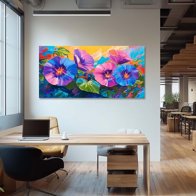 Ggaafet Blue Purple Flowers Wall Art for Bedroom Canvas Oil Painting Prints Beautiful Morning Glory Floral Blooming Art Deco Vibrant Artwork Office Family Dining Room Decor