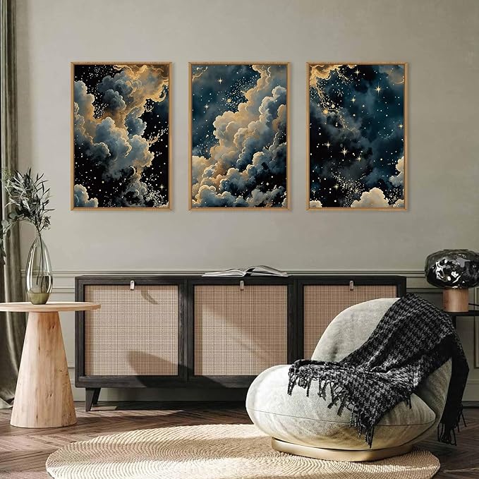 HPNIUB Dreamy Starry Night Sky Framed Wall Art Set,Moody Celestial Wall Decor,Modern Abstract Manimalist Gothic Printing,Natural Stars Illustrations Artwork for Living Room, Bedroom,Office-16''x24''x3