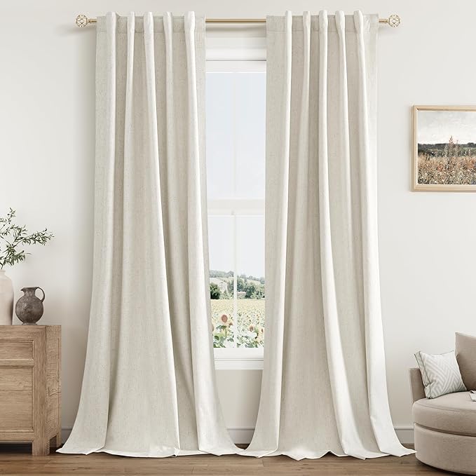 Guken Cream 100% Blackout Linen Curtains 42 Inch Wide by 84 Inch for Living Room Bedroom Back Tab Rod Pocket Thermal Insulated Black Out Drapes Room Darkening Farmhouse Window Curtains