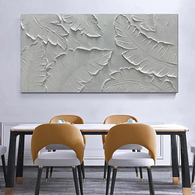 Art8YuQi Paintings - Contemporary Abstract Art leaf Oil Painting On Canvas Texture 3D White Painting Plantain Handmade Artwork Picture Canvas Wall Art Modern Home Decor living room Ready to Hang 24X48 inch