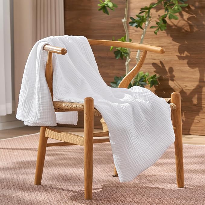 David's Home 100% Cotton Muslin Throw Blanket for College Dorm, 4-Layer Soft Breathable Lightweight Comfy Cozy Throw Guaze for Hot Sleepers, 3D Bubble Room Decor for Bed, Giftable, White, 50"x70"