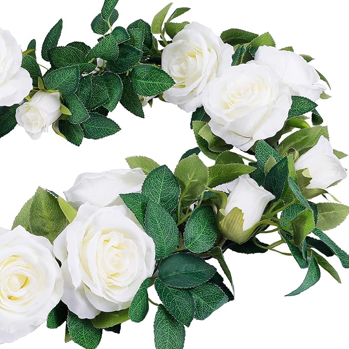 TELDRASSIL 4Pcs(26 FT) Artificial Rose Vine Fake Flower Garland Fake Silk Rose Hanging Vine for Wedding Party Background Arch Garden Background Decoration (White)