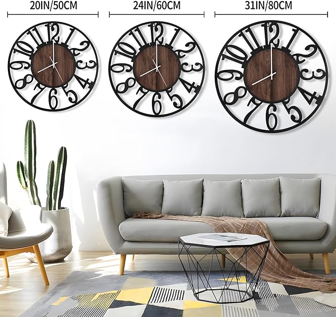 LEIKE Large LED Wall Clocks,Silent,Non Ticking,Battery Operated Rustic Round Modern Big Wood Wall Clock for Living Room, Bedroom,Kitchen,Farmhouse,Office,Home Decor -24" Black,LED,Arabic Number