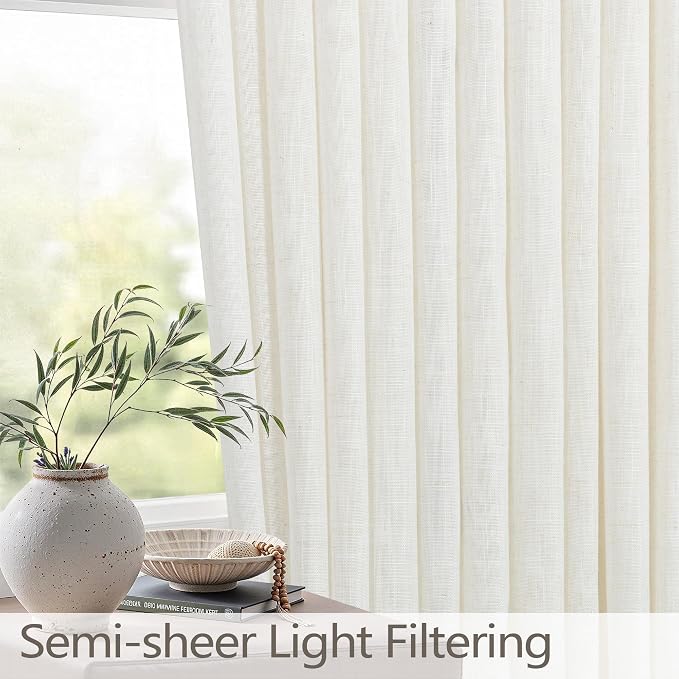 102 Inch Long Curtains Extra Wide 70 Inch Width Pinch Pleat Linen Cream Curtains for Living Room Light Filtering Privacy Neutral Rustic Country Ruffled Pleated Drape Back Tab for Sliding Door 2 Panels