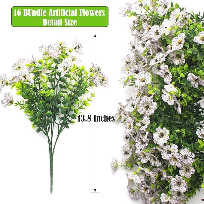 Grunyia Artificial Fake Flowers for Outdoor Spring Decoration, 16 Bundles Faux Silk Colorful Daisy UV Resistant Realistic for Outside Porch Patio Home Yard Garden Planters Pots Window Box (White)