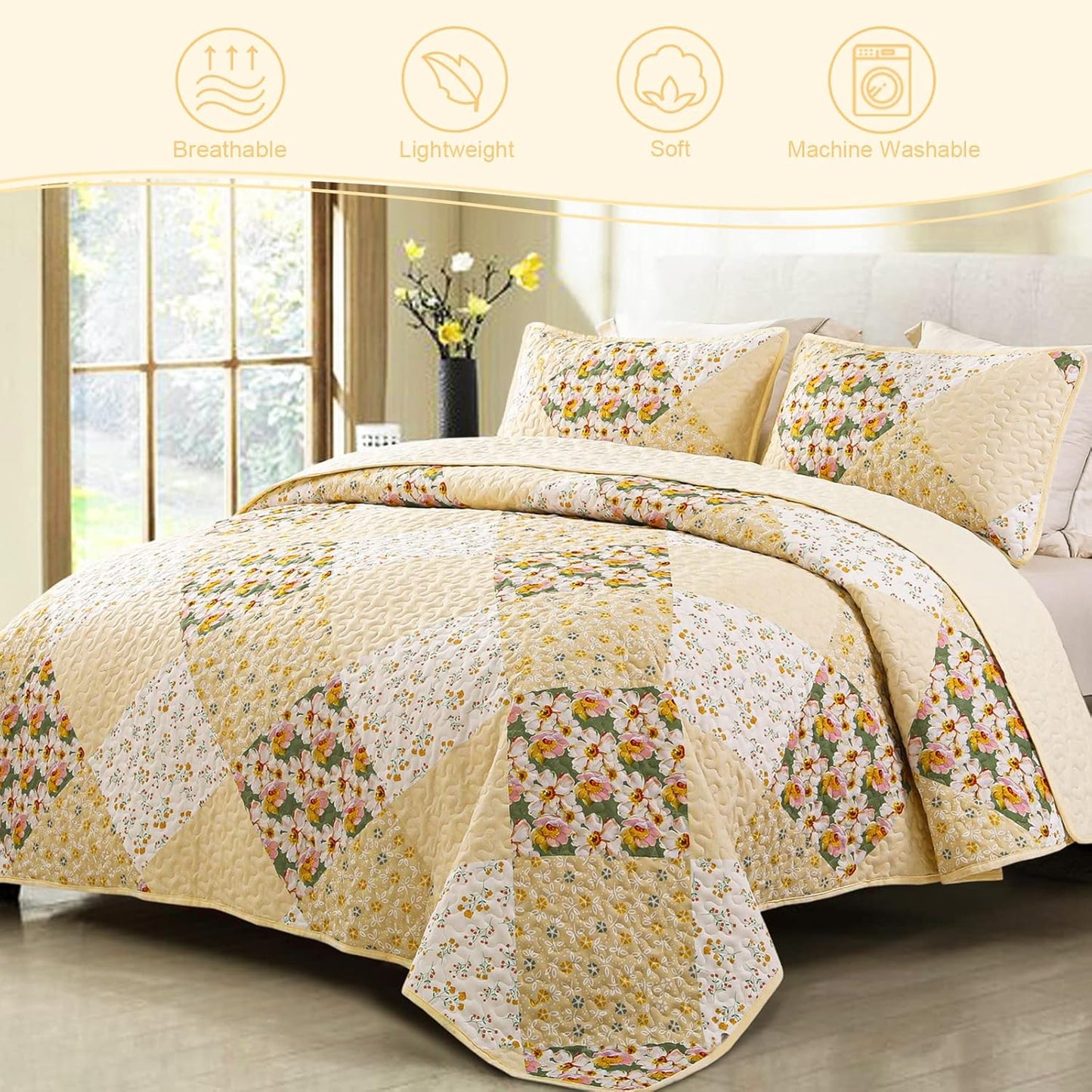 Exclusivo Mezcla Reversible Boho Quilt Set Queen Size, 3 Pieces Patchwork Yellow All Season Bedspreads, Ultra Soft Floral Coverlet Bedding Set with Printed Pattern (1 Quilt, 2 Pillow Shams)