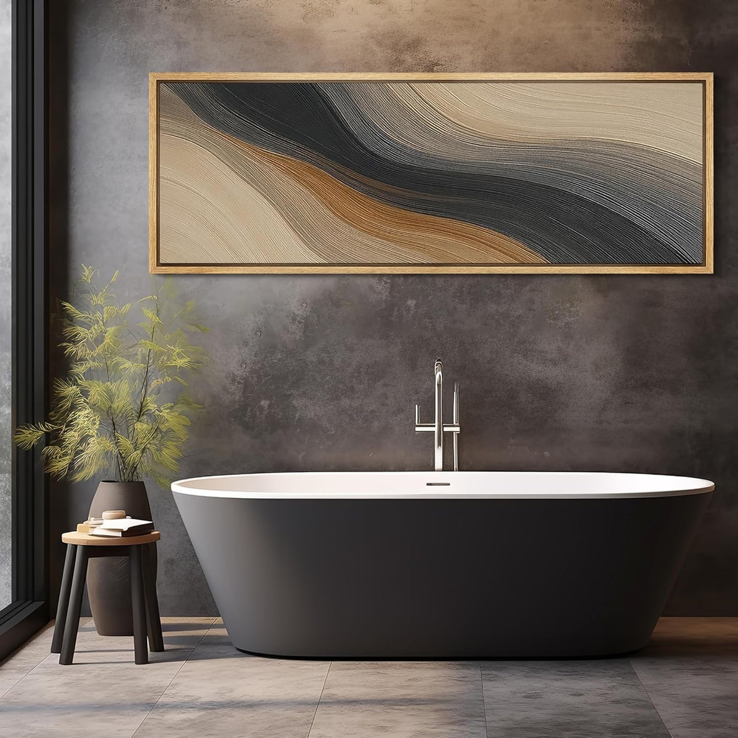 MUDECOR Large Framed Canvas Print Wall Art Abstract Wave Pattern Neutral Black and Brown Modern Geometric Illustrations Decorative Colorful for Bedroom - 60"x20"