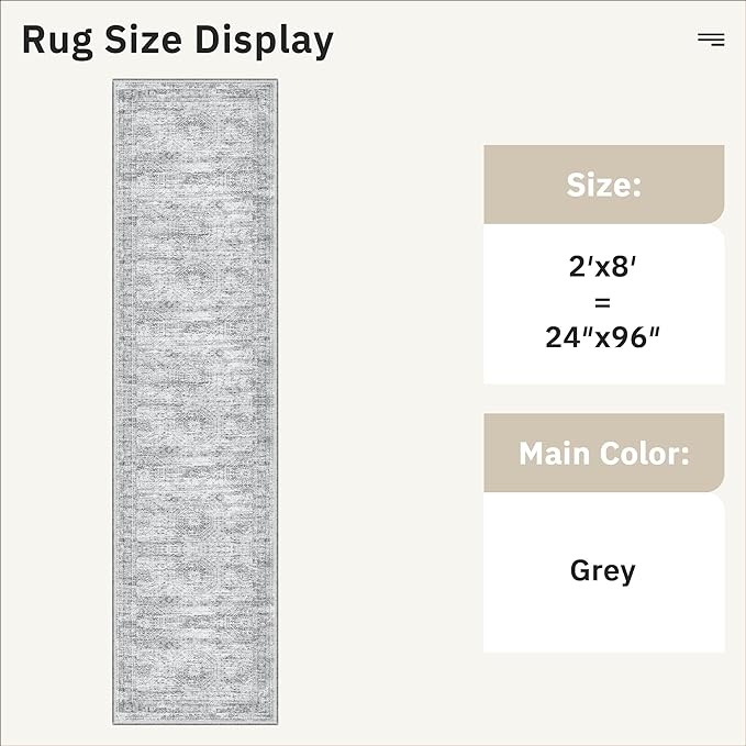 Soalmost Runner Rug 2'x8' Washable Non-Slip Runner Rugs for Kitchen Bathroom Laundry Room Grey Vintage Floor Carpet Runners for Hallway Entryway