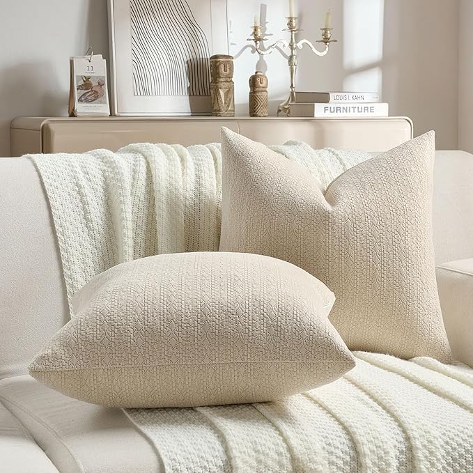 FUTEI Beige Chenille Throw Pillow Covers 16x16 Inch Set of 2,Soft Striped & Diamond Textured Cushion Cases,Modern Home Decor for Couch Living Room