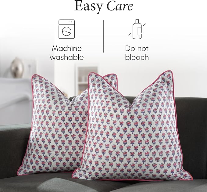 CPC 100% Cotton Throw Pillow Covers 18x18 Inch, Set of 2 Pink Block Print Pattern Couch Pillow, Cute Boho Decorative Pillows for Living Room, Bedroom with Hidden Zipper- Pink Sapphire