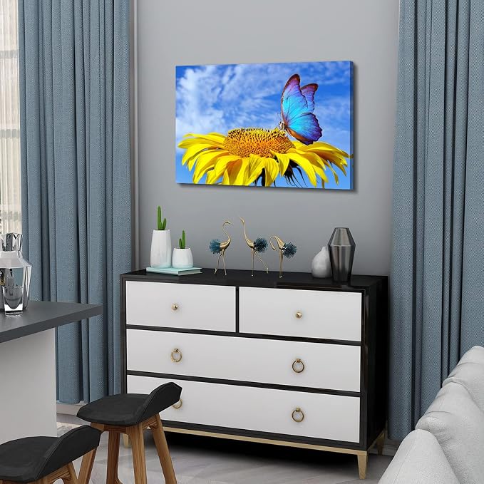 Sunflower Wall Art Bathroom Decor Blue Butterfly Canvas Pictures for Bedroom Sunflower Wall Decor Floral Posters Living Room Kitchen Home Decoration Yellow Sunshine Flower Painting Modern Artwork 20x30"
