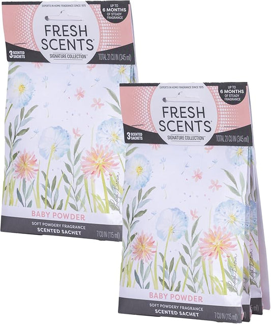 Fresh Scents Scented Sachets | Baby Powder | Home Fragrance | Long Lasting (Up to 6 Months) | Air Freshener for Closets, Drawers, & Cars | 6 Pack