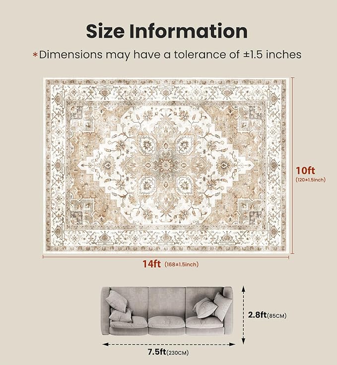 AMADA HOMEFURNISHING 10x14 Washable Area Rug, Low-Profile Large Area Rug with Non-Slip Backing & Durable Edge Binding, Vintage Large Rugs for Living Room, Bedroom & Dinning Room