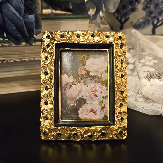 SYLVIA'S SHOP 2.5x3.5 Small Vintage Picture Frame, Mini Antique Gold Ornate Photo Frame, for Tabletop and Wall Display, Decorative Floral Design Retro Home Decor, Photo Gallery Art