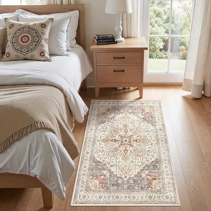 Tortania Area Rug Living Room Rugs - 3x5 Washable Rug Vintage Oriental Distressed Farmhouse Small Thin Indoor Carpet for Living Room Bedroom Under Dining Table Home Office - Orange Multi