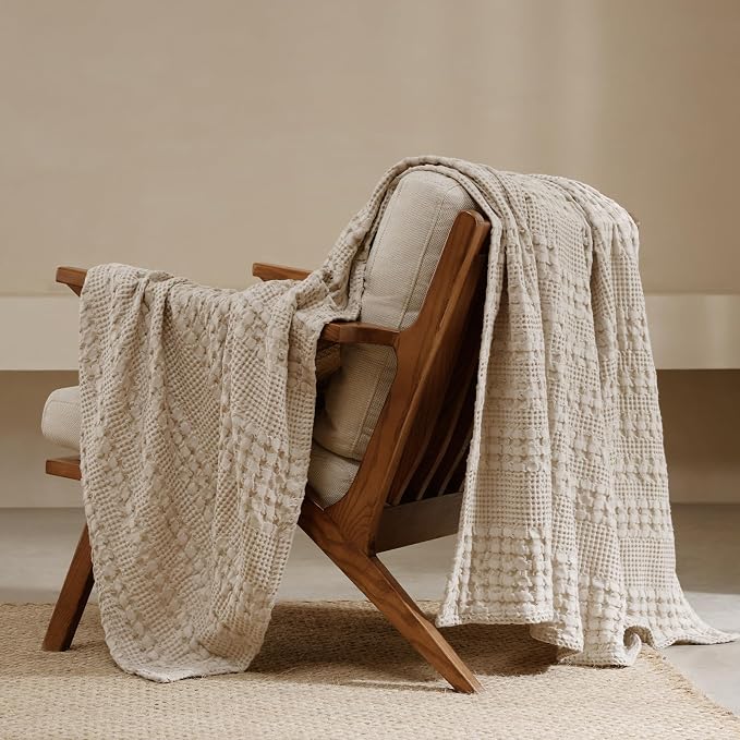 PHF 100% Cotton Waffle Throw Blanket for Couch, Lightweight Breathable and Soft for Summer, Luxury Aesthetic Waffle Weave Blanket for Home Decor & Office, Gifts for Women, 50"x60", Light Taupe/Oatmeal