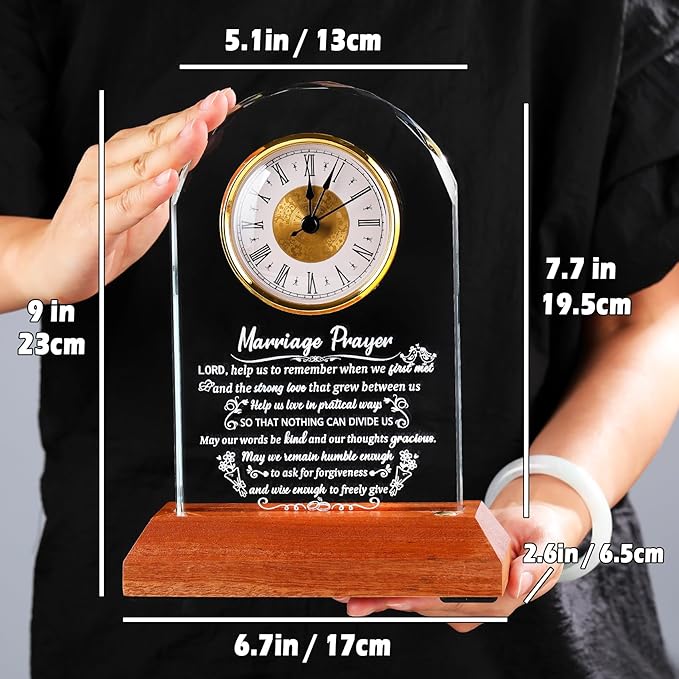 Glass Clock Wedding Gifts for Couples 2026 with Wooden Light Base, Happy Anniversary Marriage Prayer Gift with Inspiring Quotes, Unique Newlywed Mr and Mrs Gifts, Engagement Presents for Home