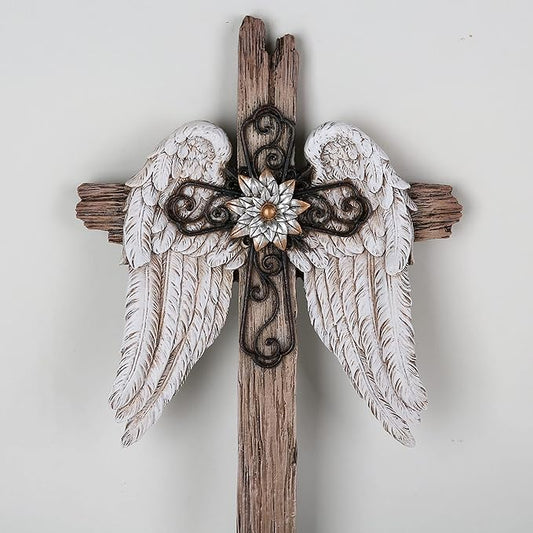BC Home Decor Angel Wings Crosses Wall Décor, 12" H Angel Decoration Gifts For Women, Rustic Decor Style, Inspirational Wall Sculpture, Hand Painted by Buildclassic