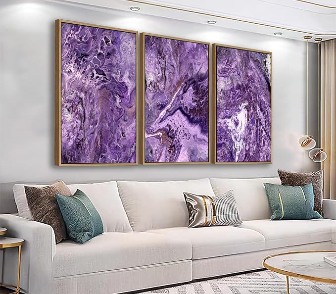 Large Canvas Wall Art for Living Room Natural Wood Float Framed Art Set of 3 Purple Abstract Pictures Minimalist Artwork Canvas Prints for Bedroom Home Office Wall Decor 24X36inX3pcs
