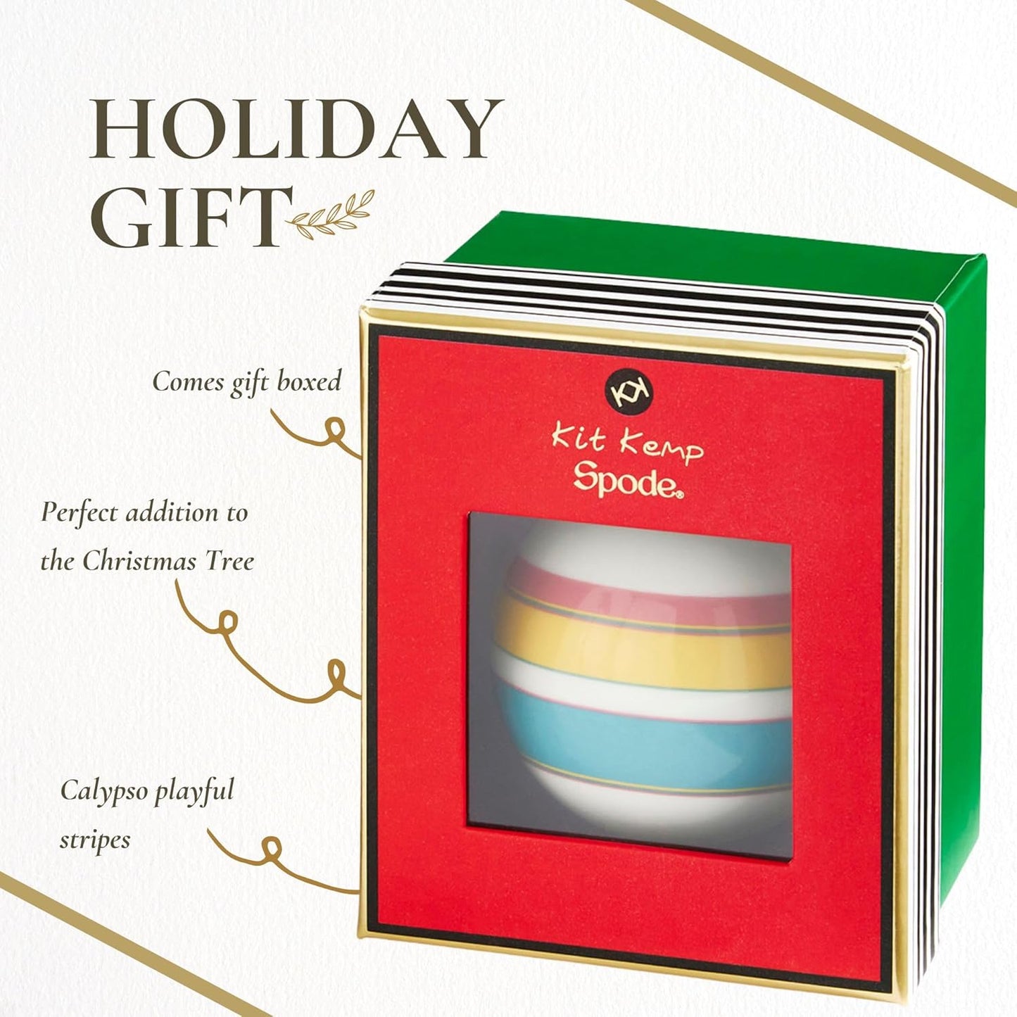 Spode Kit Kemp Christmas Ornament - Calypso Stripe Bauble- Porcelain Handcrafted Festive Charm, Unique Holiday Ornaments with Whimsical Design, Collectible Keepsake Holiday Decoration for Gifting