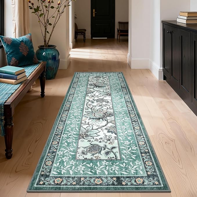GarveeHome Teal Area Rugs 9x12 Living Room, Botanical Grove Cottage core Washable Non-Slip Rug for Bedroom Dining Nursery Low-Pile Vintage Large Soft Carpet