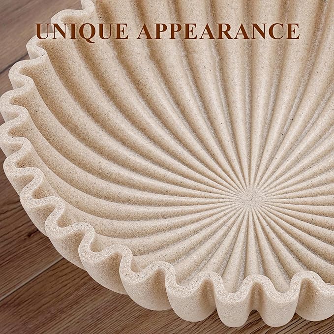 YMXYJM Large Decorative Bowl, Modern Handicraft Bowls for Home Decor, Decorative Fruit Bowl for Kitchen Counter, Ruffle Decor, Stylish Key Bowl for Entry Table, Artificial Stone Beige