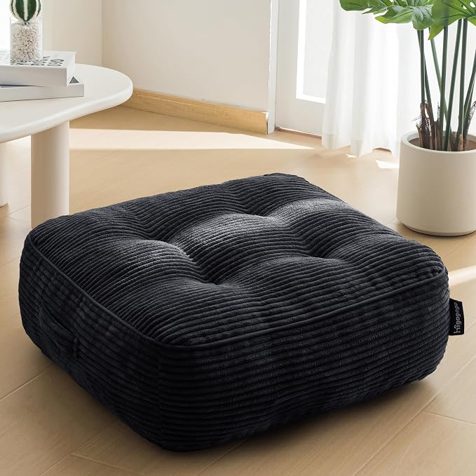 HIGOGOGO 8" Extra Thick Floor Pillow Cushion for Adults, Meditation Cushion Pillow, Large Square Floor Sitting, Tufted Corduroy Cover, for Tatami Living Room or Yoga, 22x22 Inch, Black