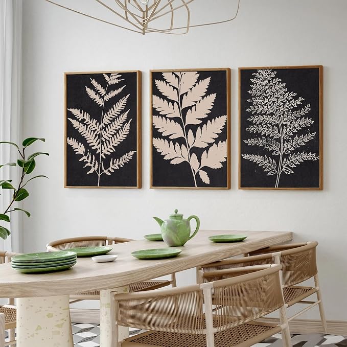 SIKERIC Vintage Black Tan Fern Leaf Wall Art, Nature Minimalis Leaves Framed Canvas Art Print Set of 3, Modern Fern Silhouette Wall Decor, Large Plant Artwork for Living Room, Bedroom, Office-24x36