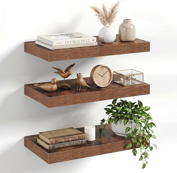 16" Floating Shelves for Wall, Set of 3, 8" Deep, 1.5" Thick, Brown | Rustic Wood Wall Shelves with Invisible Brackets, Storage and Display for Bathroom, Bedroom, Living Room or Kitchen