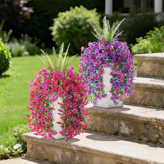 Artificial Fake Flowers Plants for Outdoor Decoration,3 Pcs Faux Hanging Flowers with Boston Ferns Spring Summer Decor,UV Resistant Realistic Fake Silk Flowers for Planter Balcony Yard Porch Garden