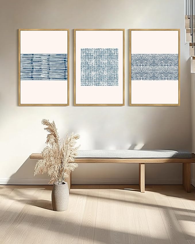 PHOPAGO Blue Abstract Framed Wall Art Large 24x36in Modern Boho Neutral Line Wall Decor Bohemain Minimalist Geometric Artwork Home Decor - Natural Framed
