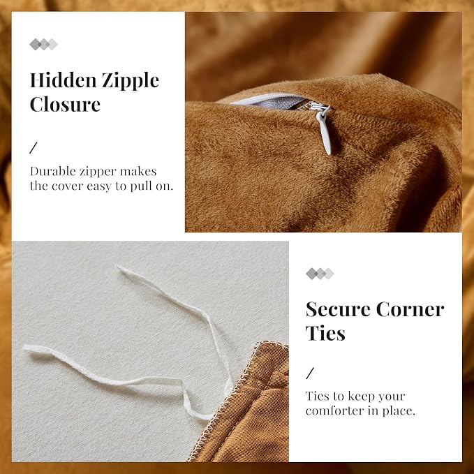 WARMDERN Camel Flannel Velvet Duvet Cover Queen Size Duvet Cover Bedding Sets, 3pcs Ultra Soft Luxury Textured Modern Crystal Velvet Duvet Covers with Zipper Closure(Camel, Queen)
