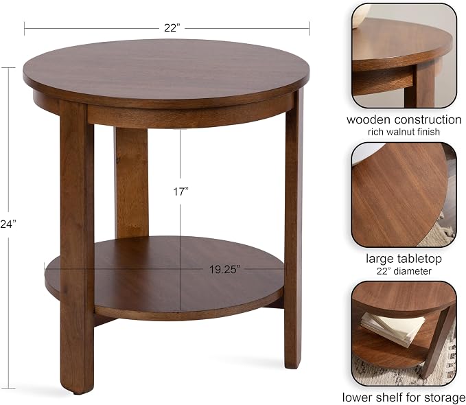 Kate and Laurel Foxford Tiered Round Side Table; 22 x 22 x 24; Walnut Brown; Transitional Two-Tier Circle Nightstand Table with Storage and Resilient Wood Construction for Bedroom Decor