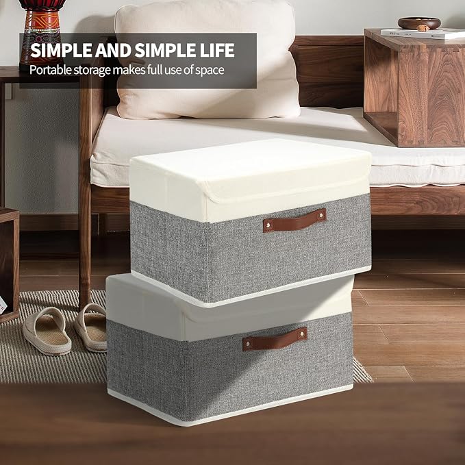 9 Pack Decorative Storage Bins Containers & Fabric Bins with Lids Storage Baskets for Shelves Drawers, Desktop, Closet, Playroom, Classroom, Office, Bedroom, Home, Garage (white/grey, 14.9X10X10)