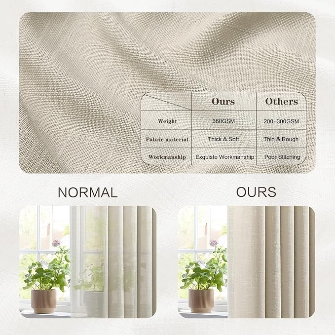Pinch Pleated Linen Curtains 96 Inches Long for Living Room, Taupe Light Filtering Pleat Drapes Textured Thick Floor to Ceiling Semi-Sheer Window Curtain with Hooks for Bedroom Farmhouse, 2 Panels