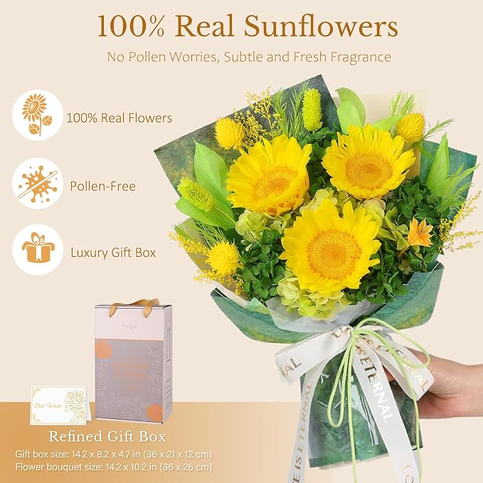 Forever Flowers for Delivery - Preserved Sunflower Bouquet with Gift Box & Greeting Card, Real Eternal Flowers, Gifts for Women, Mom, Mother's Day, Birthday, Anniversary, Graduation