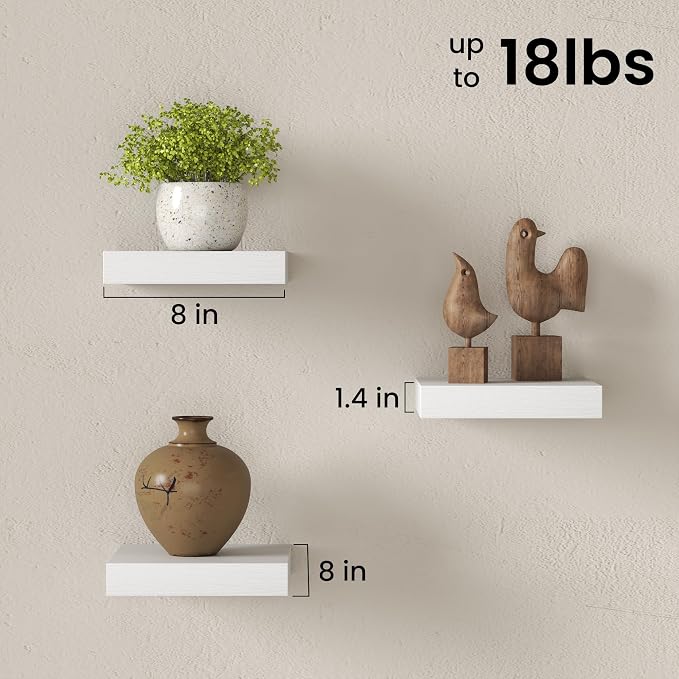 Fun Memories Small Floating Shelves for Wall - 8 Inch Square Wall Shelves with Invisible Brackets, White Shelves for Bathroom, Living Room, Bedroom, and Kitchen Decor, Set of 3