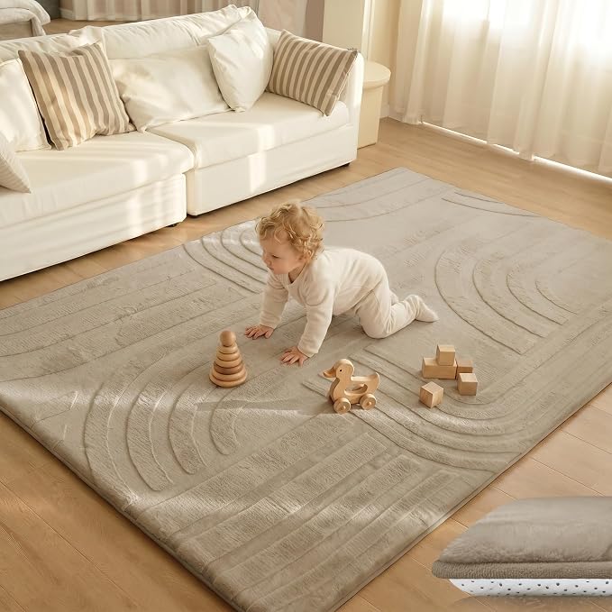 1.3" Extra Thick Fluffy Baby Play Mat for Floor,6'×9'Large Padded Kids Rug with Ultra Soft 3D Carved Faux Rabbit Fur,Non-Slip Carpet Nursery Rug Area Rug for Playroom Living Room(Light Brown)