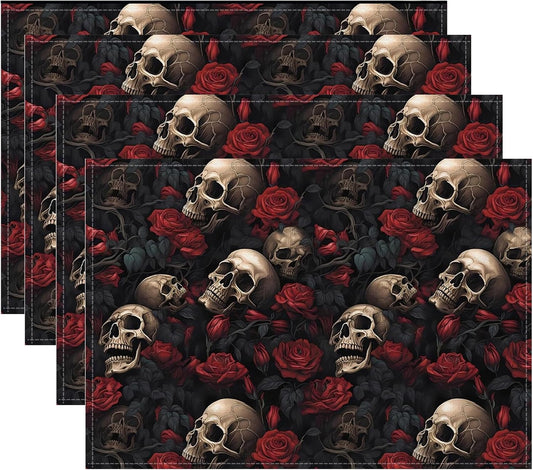 Halloween Skull Rose Placemats, Washable Heat Resistant 12×18 Inch Table Mats Floral Place Mats for Party Outdoor Decoration Kitchen Dining Décor