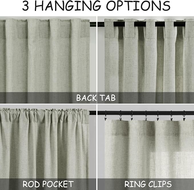 Nanspring Sage Green Linen Curtains 63 Inches Length 2 Panels Set for Living Room Back Tab Pocket Light Filtering Semi Sheer Drapes Cotton Linen Textured Pale Green Window Curtain 52X63 Inches