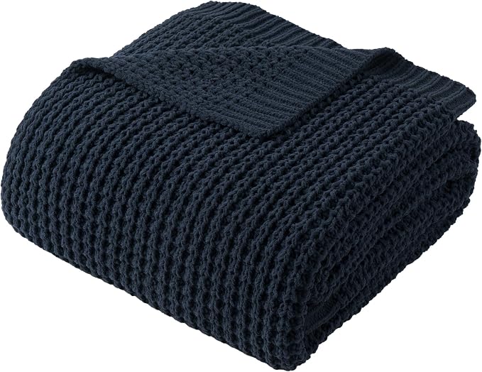 Bunnikins & Clover Navy Blue Throw Blanket for Couch, Knitted Blue Blanket Throw 60''x80'', Super Soft Waffle Navy Throws for Chair Sofa Home Decor