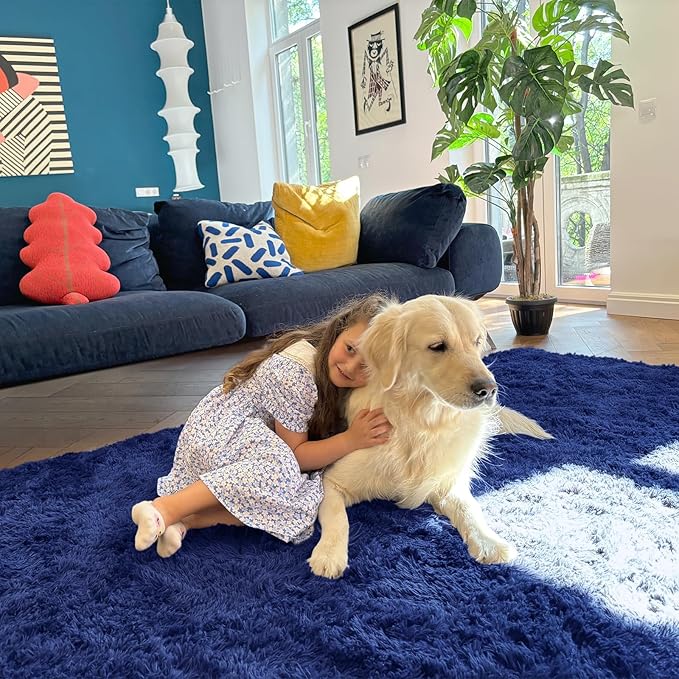 OLANLY 7x10 Machine Washable Large Area Rugs for Living Room, Bedroom, Soft Fluffy Shaggy Bedside Rug, Indoor Floor Carpet for Kids Girls and Boys, Dorms, Nursery, Home Decor Aesthetic, Navy Blue