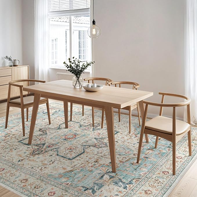 Tortania Area Rug Living Room Rugs - 9x12 Washable Boho Rug Vintage Oriental Distressed Farmhouse Large Thin Indoor Carpet for Living Room Bedroom Under Dining Table Home Office - Aqua Multi