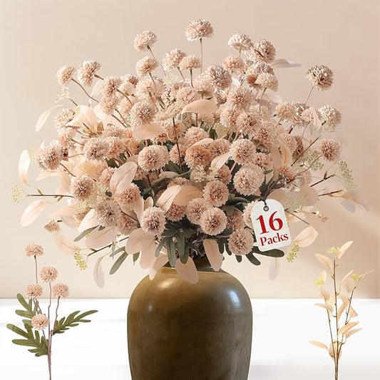 Alupssuc 16PCS Faux Silk Pompon Mums Artificial Flowers with Eucalyptus, Fake Chrysanthemum Floral for DIY Vase Arrangement, Long Stem Dining Table Centerpiece Home Decor, Beige