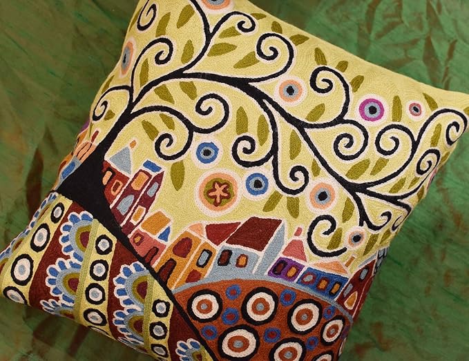 Yellow Tree of Life Throw Pillow Cover Karla Gerard Floral Pillowcase Gold Flower Pillowsham Plant Flower Chair Cushion Flowers Couch Hand Embroidered Wool Size 18x18