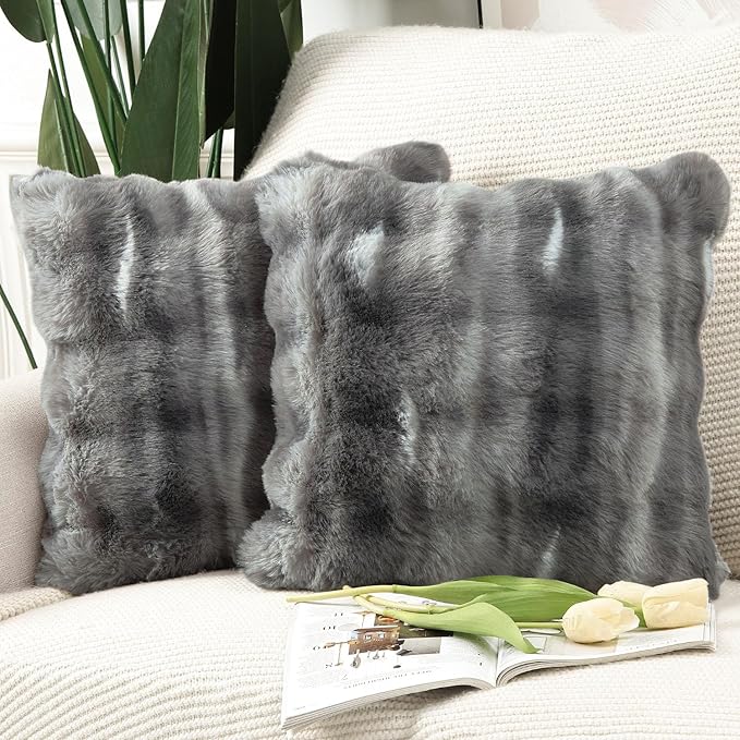 MADIZZ Pack of 2 Thick Plush Faux Wool Throw Pillow Covers Soft Boho Throw Pillows Luxurious Cushion Covers for Couch Sofa Bedroom Living Room Home Decor 18x18 Inch Dark Grey