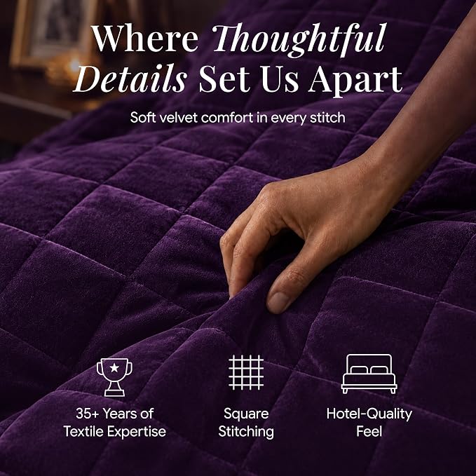 Tribeca Living Luxury Velvet Quilt Twin Size Set - 260GSM Ultra-Soft Oversized Velvet Bedspread Comforter Set with 1 Sham, in Florence Purple