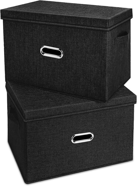 Large Linen Fabric Foldable Storage Bins with Removable Lid and Handles, Washable Storage Box Organizer Containers Baskets Cube with Cover for Bedroom,Office(Black, Large(2-Pack))