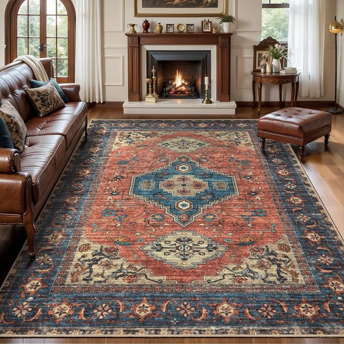 Tangsoo 5x7 Area Rug Washable Rug for Living Room, Vintage Indoor Non Slip Large Area Rugs, Print Distressed Rust Carpet, Soft Low Pile Foldable Floor Rug for Bedroom Dining Room Dorm Terracotta/Blue